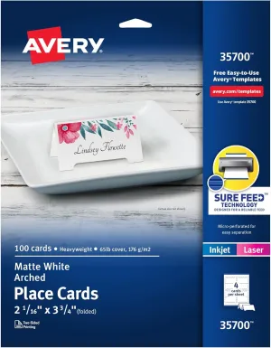 Avery Printable Arched Place Cards with Sure Feed Technology, 2-1/16" x 3-3/4", White, 100 Blank Tent Cards for Laser or Inkjet Printers (35700)