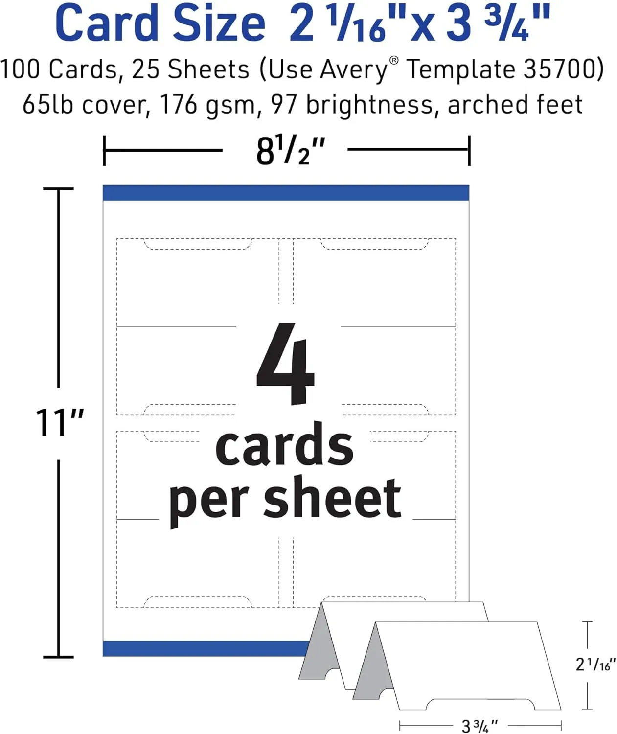 Avery Printable Arched Place Cards with Sure Feed Technology, 2-1/16" x 3-3/4", White, 100 Blank Tent Cards for Laser or Inkjet Printers (35700)