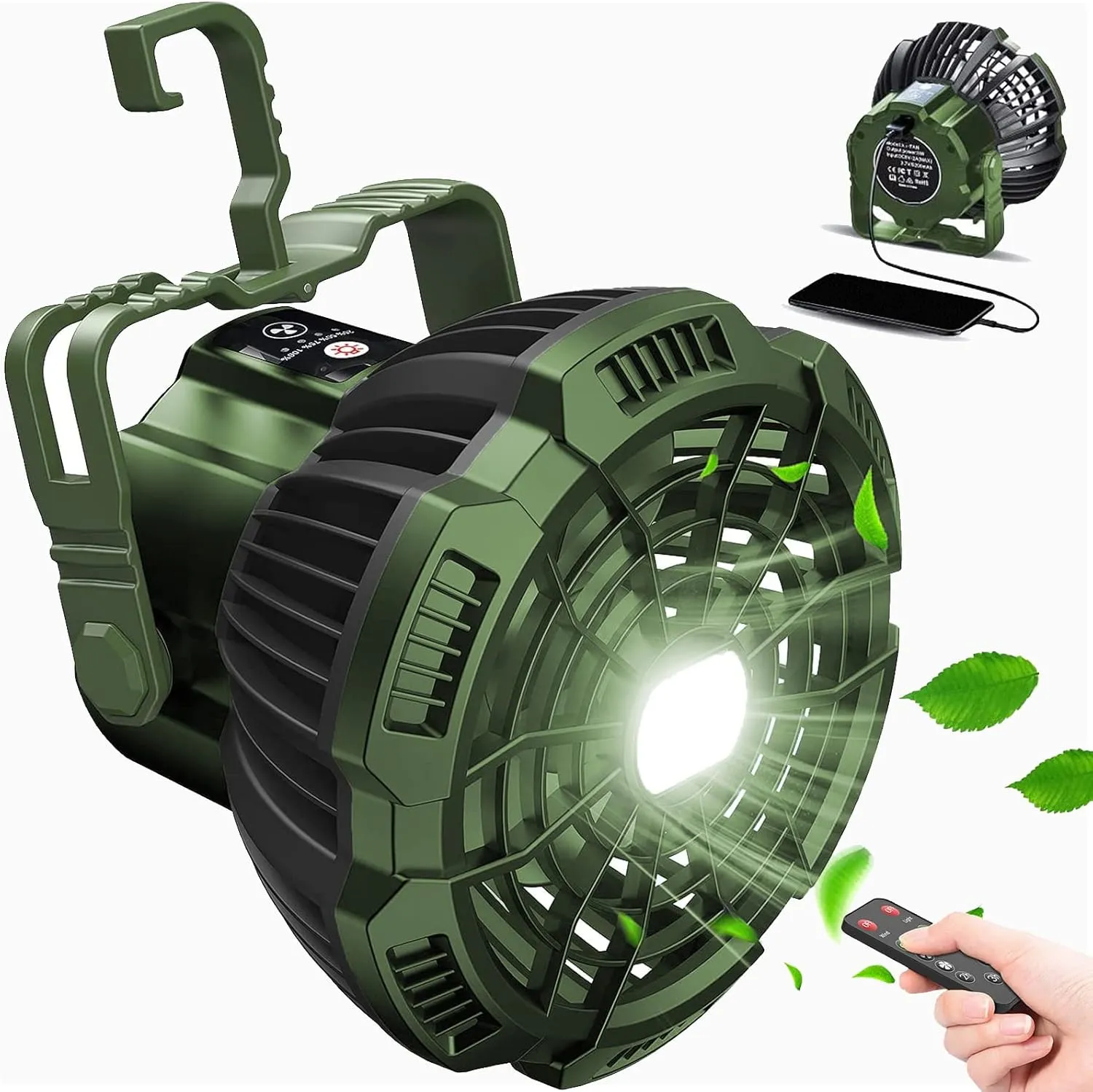 ayamaya Rechargeable Camping Tent Fan with LED Light, Remote Control, 7800mAh Portable Camping Lantern Fan USB Desk Ceilling Fan for Car, Office, Hurricane Emergency Survival