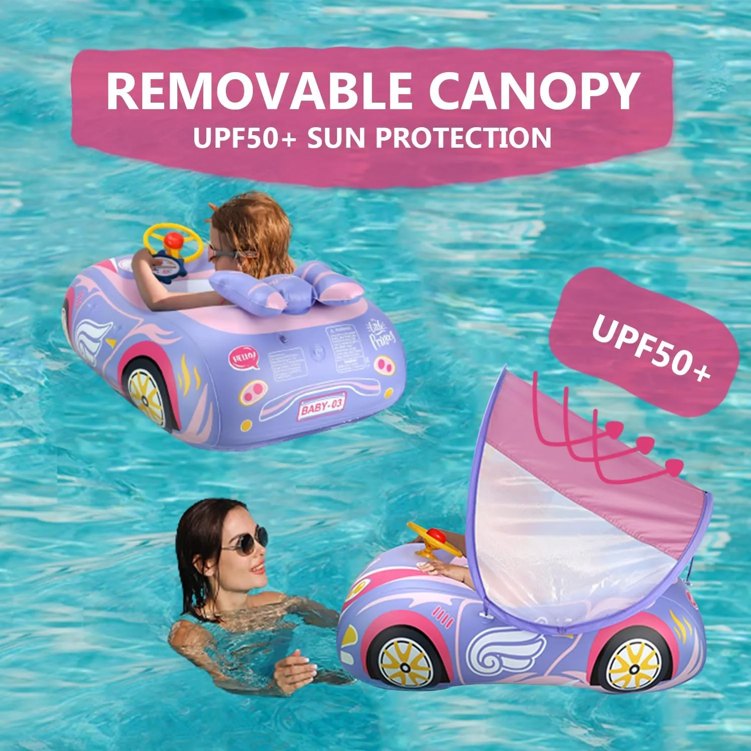 Baby Pool Float with 3D Car Design, PVC Baby Swim Float, Toddler Pool Float, Swimming Floats Seat Boat Pool Toys with Steering Wheel for 12-18, 12-24 Months, Age 2-3, 1-4 Years Girl Boy