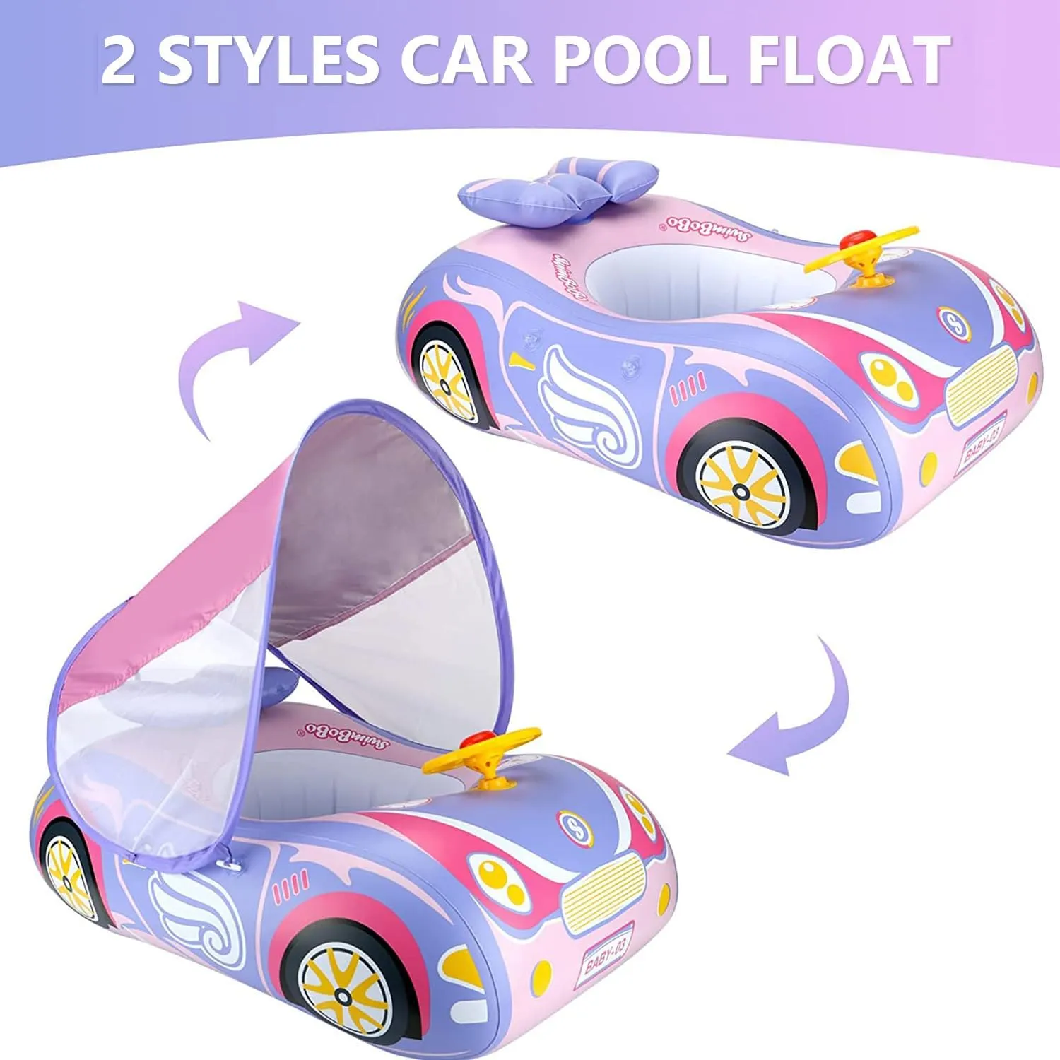 Baby Pool Float with 3D Car Design, PVC Baby Swim Float, Toddler Pool Float, Swimming Floats Seat Boat Pool Toys with Steering Wheel for 12-18, 12-24 Months, Age 2-3, 1-4 Years Girl Boy
