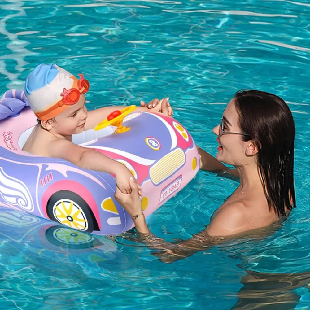 Baby Pool Float with 3D Car Design, PVC Baby Swim Float, Toddler Pool Float, Swimming Floats Seat Boat Pool Toys with Steering Wheel for 12-18, 12-24 Months, Age 2-3, 1-4 Years Girl Boy