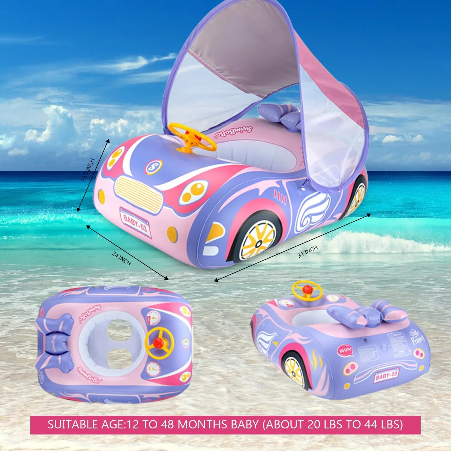 Baby Pool Float with 3D Car Design, PVC Baby Swim Float, Toddler Pool Float, Swimming Floats Seat Boat Pool Toys with Steering Wheel for 12-18, 12-24 Months, Age 2-3, 1-4 Years Girl Boy