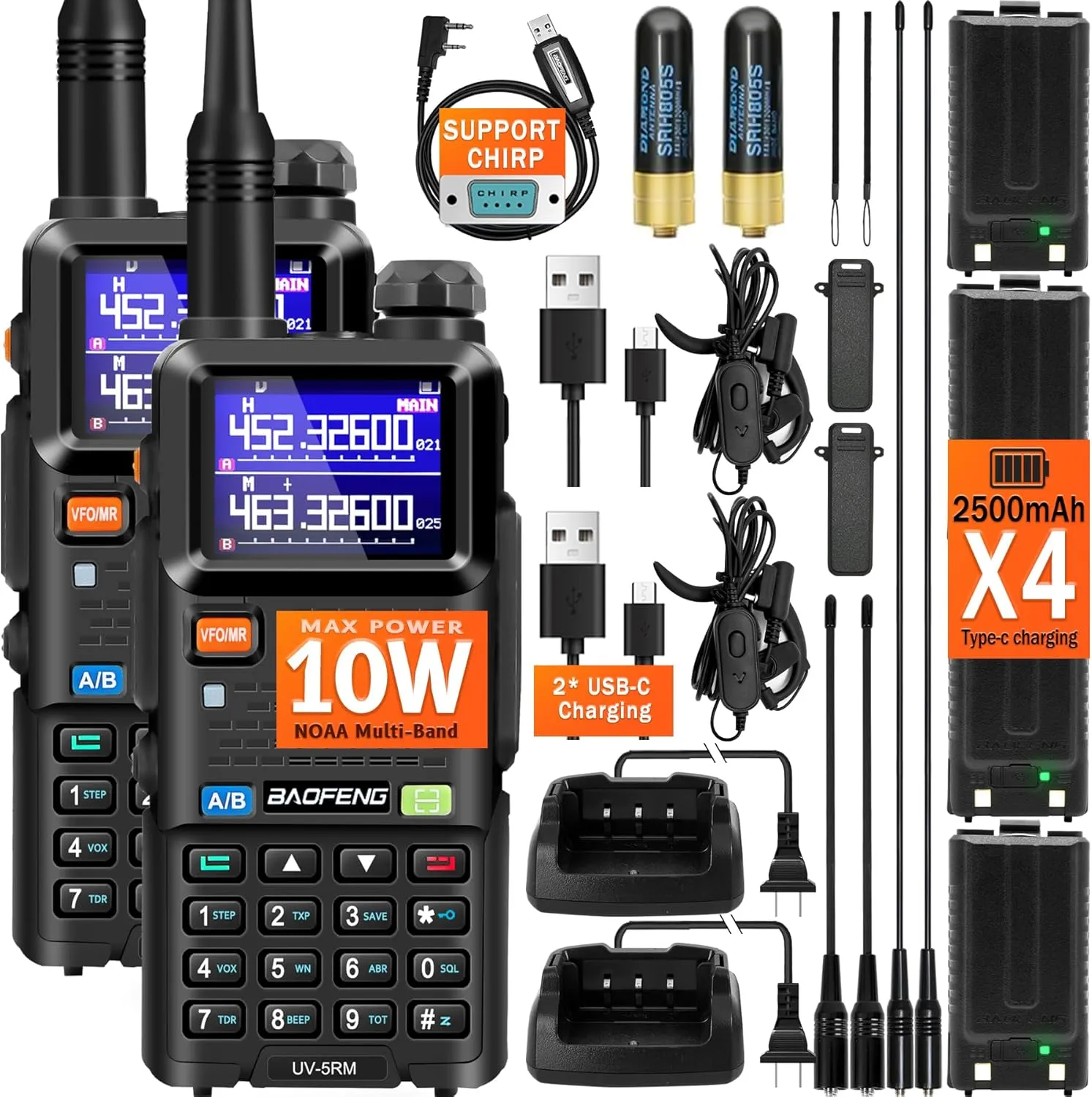 BAOFENG 5RM 10W Ham Radios Long Range 2 Pack, Multi-Band Portable Two-Way Radio NOAA Weather Receiver, UV-5RM Walkie Talkies Rechargeable with Frequency Copy & 4PCS 2500mAh USB-C Batteries