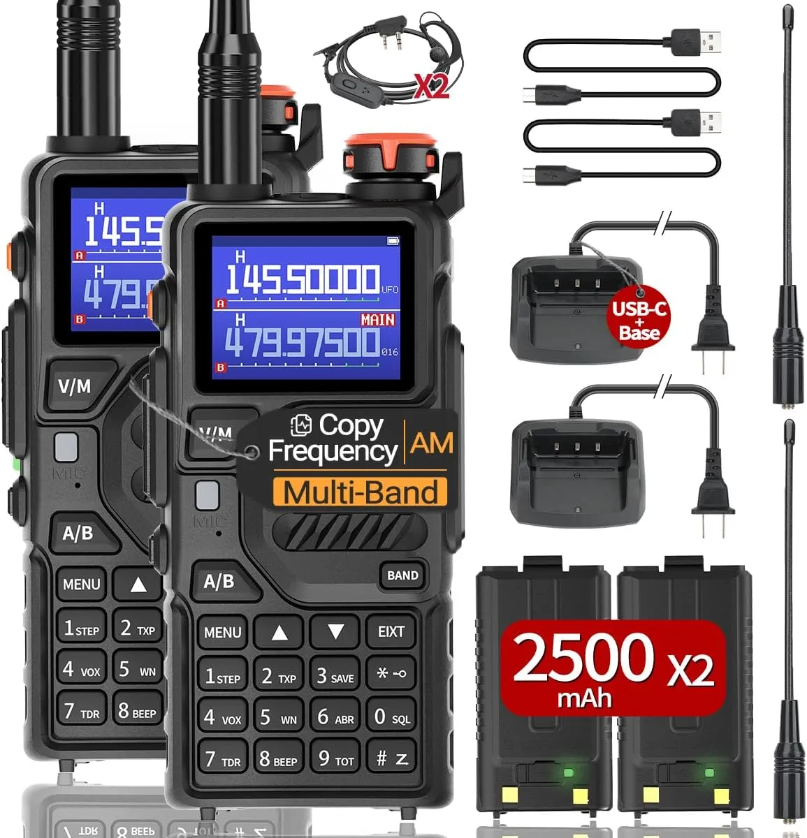 Baofeng K5 Plus Ham Radio Handheld Tri-Power Walkie Talkies Long Range High Power Two-Way Radio with One Click Frequency, USB-C Charging 2500mAh Battery,AM,999CH(2 Pack)