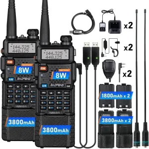 Baofeng Radio UV-5R 8W Ham Radio(4pcs Batteries), Rechargeable 3800mAh Battery & 1800mAh Battery,Handheld Speaker Mic Long Range Radio Dual Band Two Way Walkie Talkie(2 Pack)