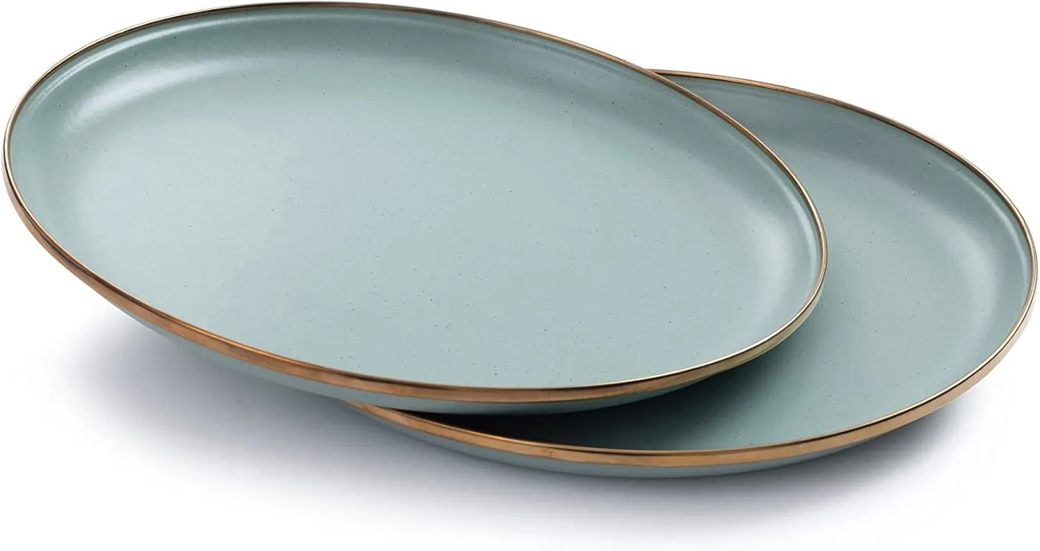 Barebones Enamel Deep Plate - Set of 2 Dinner Plates - Hand-Finished Baked Stainless Steel Trim Plate Set - Camping Kitchen and Dish Set (Mint)