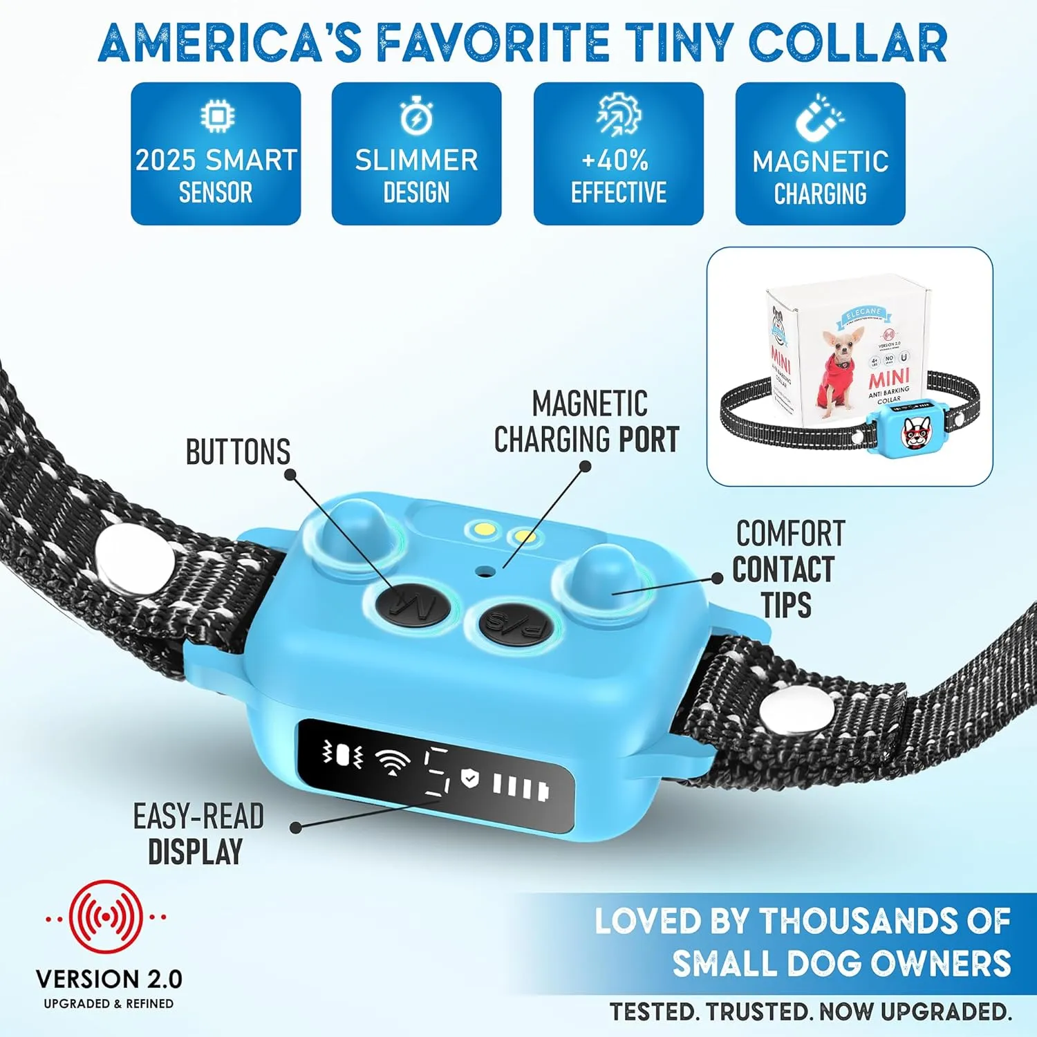Bark Collar for Small Dogs 5-15 lbs with Magnetic Charging – No Shock, 3 Beep & Vibration Modes, 5 Sensitivity Levels – Humane Stop Anti-Barking Device – Dog Training Bark Collar (Blue)