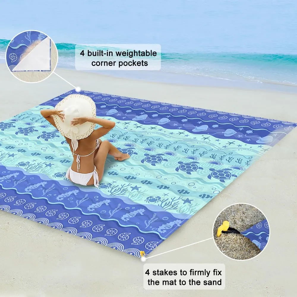 Beach Blanket Waterproof Sandproof Oversized 8 Ft X 7 Ft Sand Free Extra Large Beach Mat with 4 Corner Pockets and Stakes Lightweight Portable for Beach Picnic Travel Camping Outdoor