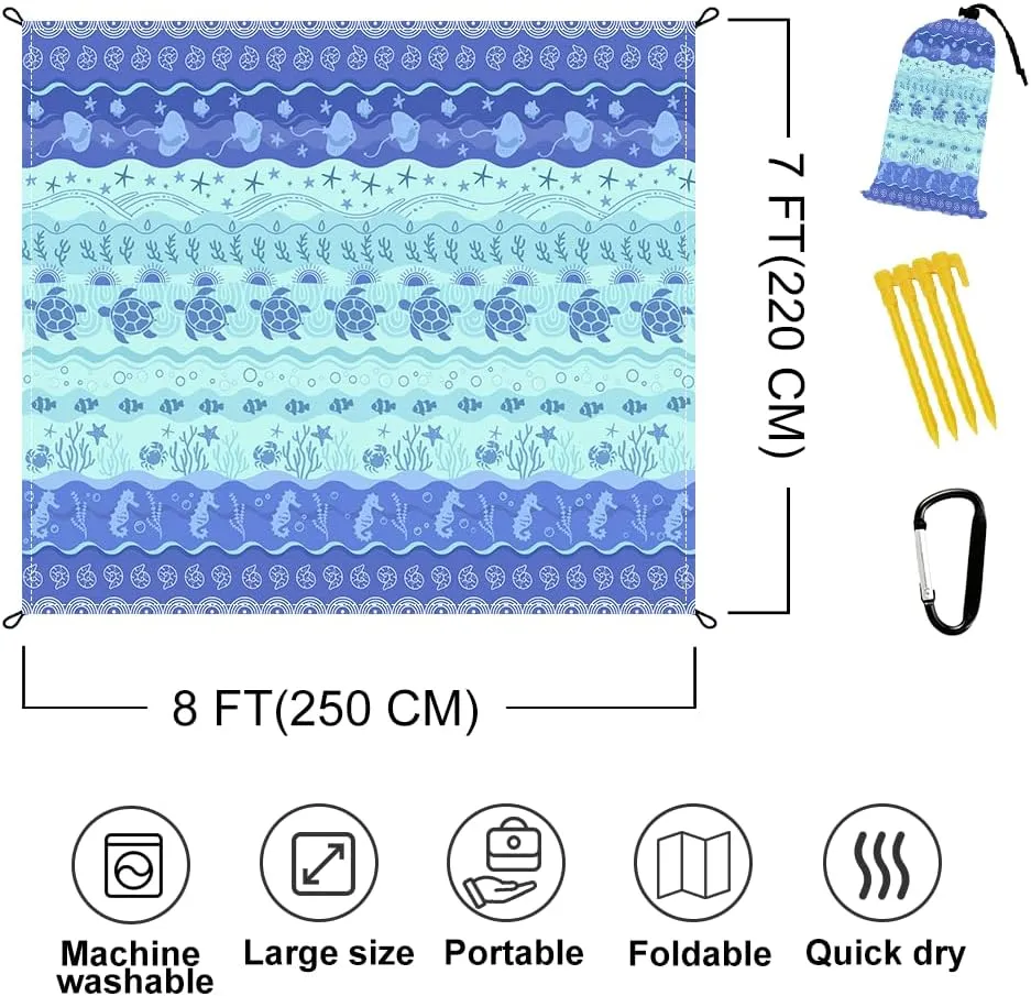 Beach Blanket Waterproof Sandproof Oversized 8 Ft X 7 Ft Sand Free Extra Large Beach Mat with 4 Corner Pockets and Stakes Lightweight Portable for Beach Picnic Travel Camping Outdoor