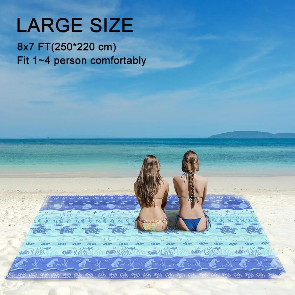 Beach Blanket Waterproof Sandproof Oversized 8 Ft X 7 Ft Sand Free Extra Large Beach Mat with 4 Corner Pockets and Stakes Lightweight Portable for Beach Picnic Travel Camping Outdoor