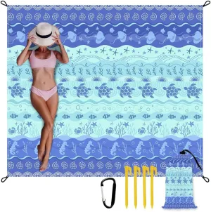 Beach Blanket Waterproof Sandproof Oversized 8 Ft X 7 Ft Sand Free Extra Large Beach Mat with 4 Corner Pockets and Stakes Lightweight Portable for Beach Picnic Travel Camping Outdoor