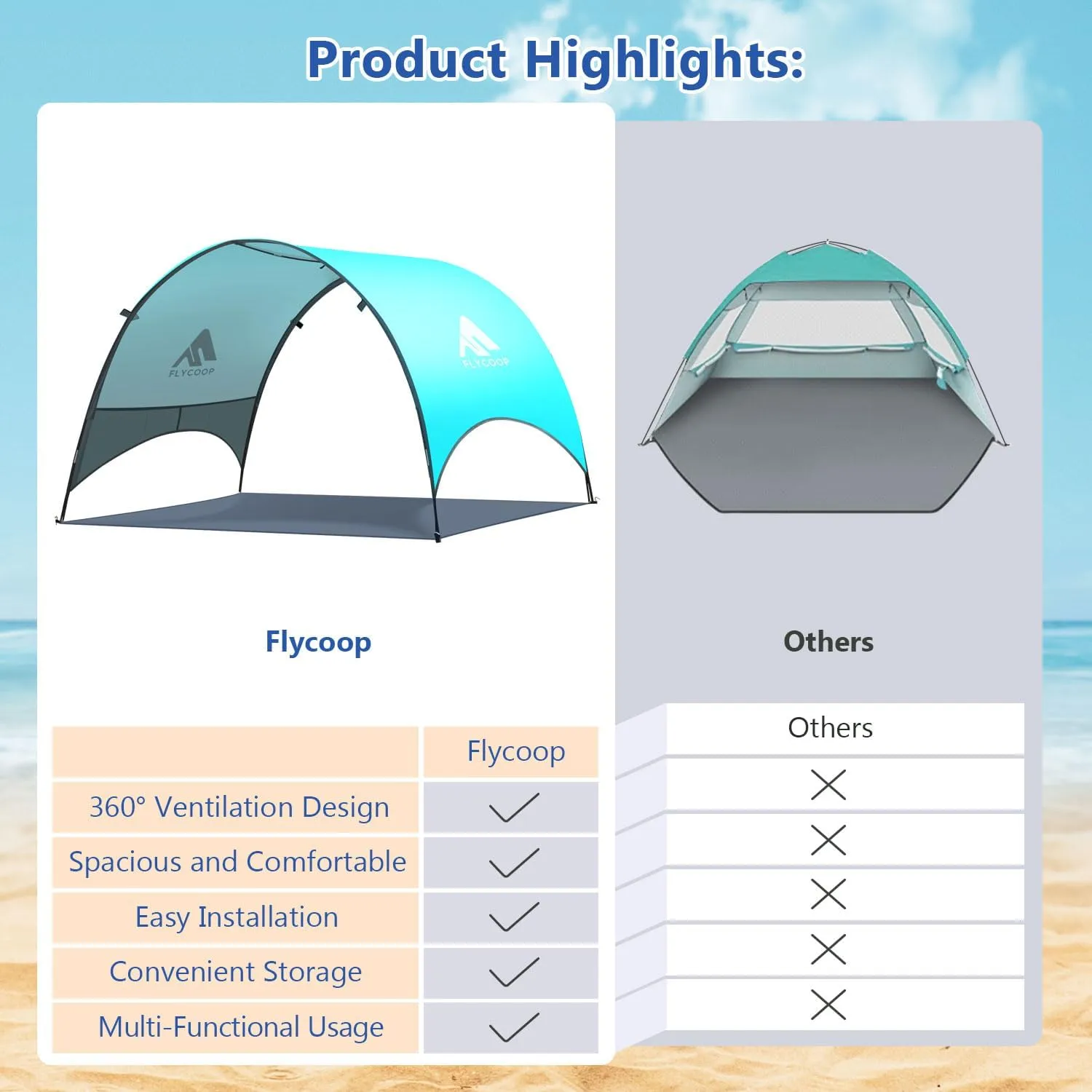 Beach Tent - Beach Shade Canopy Compact Fold (16.9x3.9″), Own Patent, 360° Ventilation, Large Side Storage Pocket, UV Protection Portable Sun Shelter for Beach (Green, 90.5 * 59 * 53″)