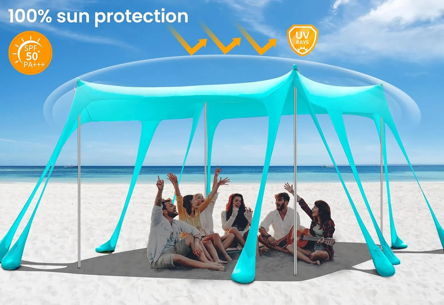 Beach Tent Sun Shelter 13x10FT, UPF50  Outdoor Beach Shade Canopy with 10 Sandbags, Sand Shovel, Ground Pegs & Stability Poles, Beach Canopy Tent for Camping, Fishing, Picnics, Trips