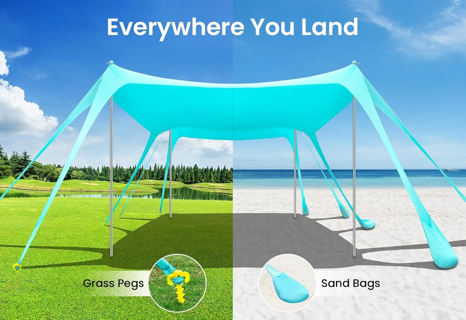 Beach Tent Sun Shelter 13x10FT, UPF50  Outdoor Beach Shade Canopy with 10 Sandbags, Sand Shovel, Ground Pegs & Stability Poles, Beach Canopy Tent for Camping, Fishing, Picnics, Trips