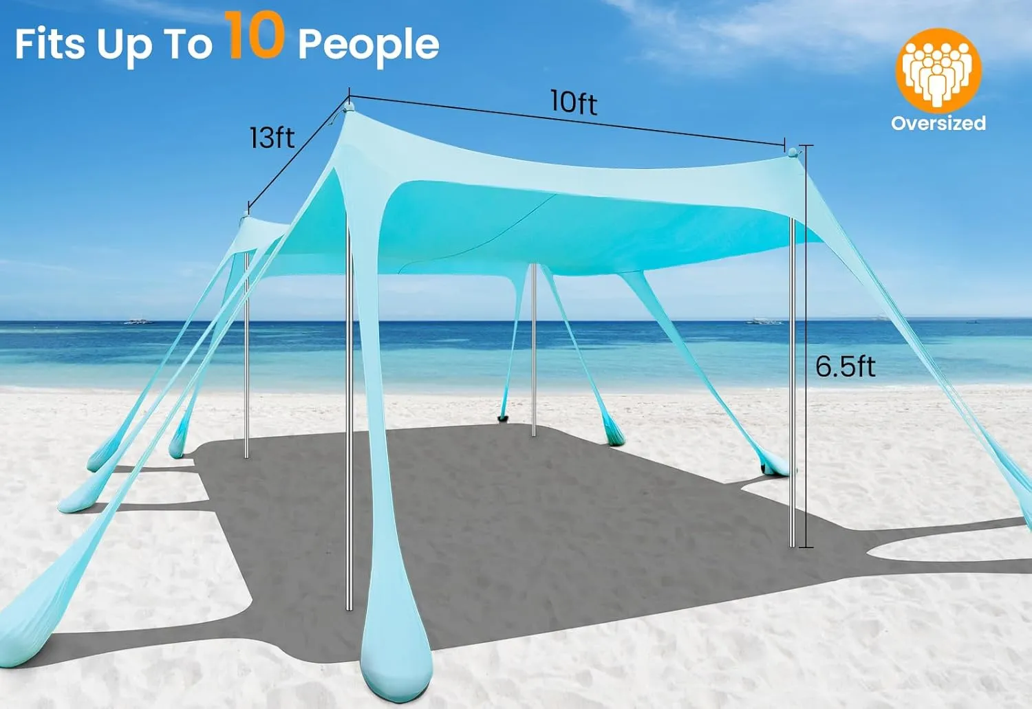 Beach Tent Sun Shelter 13x10FT, UPF50  Outdoor Beach Shade Canopy with 10 Sandbags, Sand Shovel, Ground Pegs & Stability Poles, Beach Canopy Tent for Camping, Fishing, Picnics, Trips
