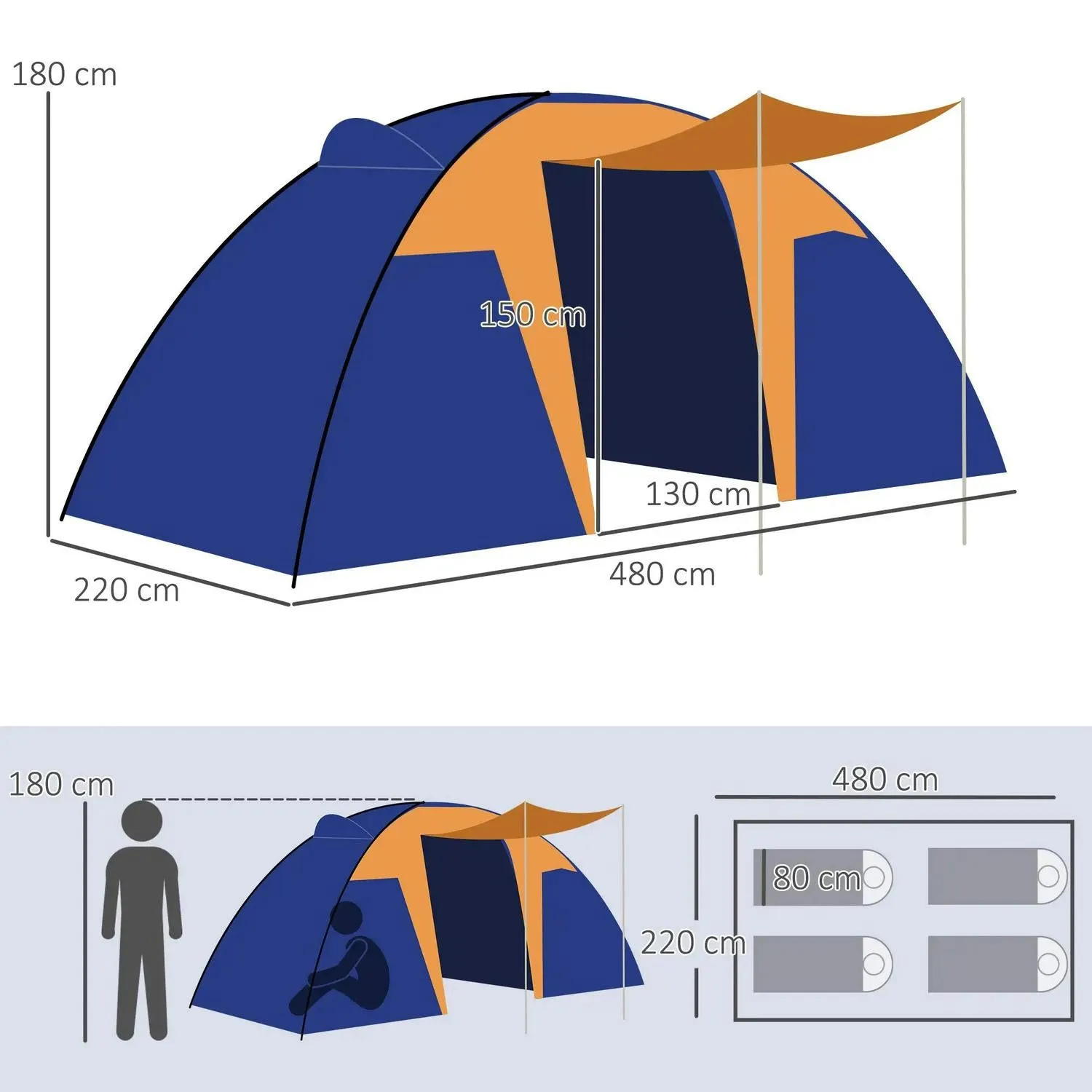 Bedroom, Waterproof, Innovative Area Camping Tunnel Portable Man Best-value Tent 2 Living Porch, 4-6 With Bag 2000mm And Outsunny Large