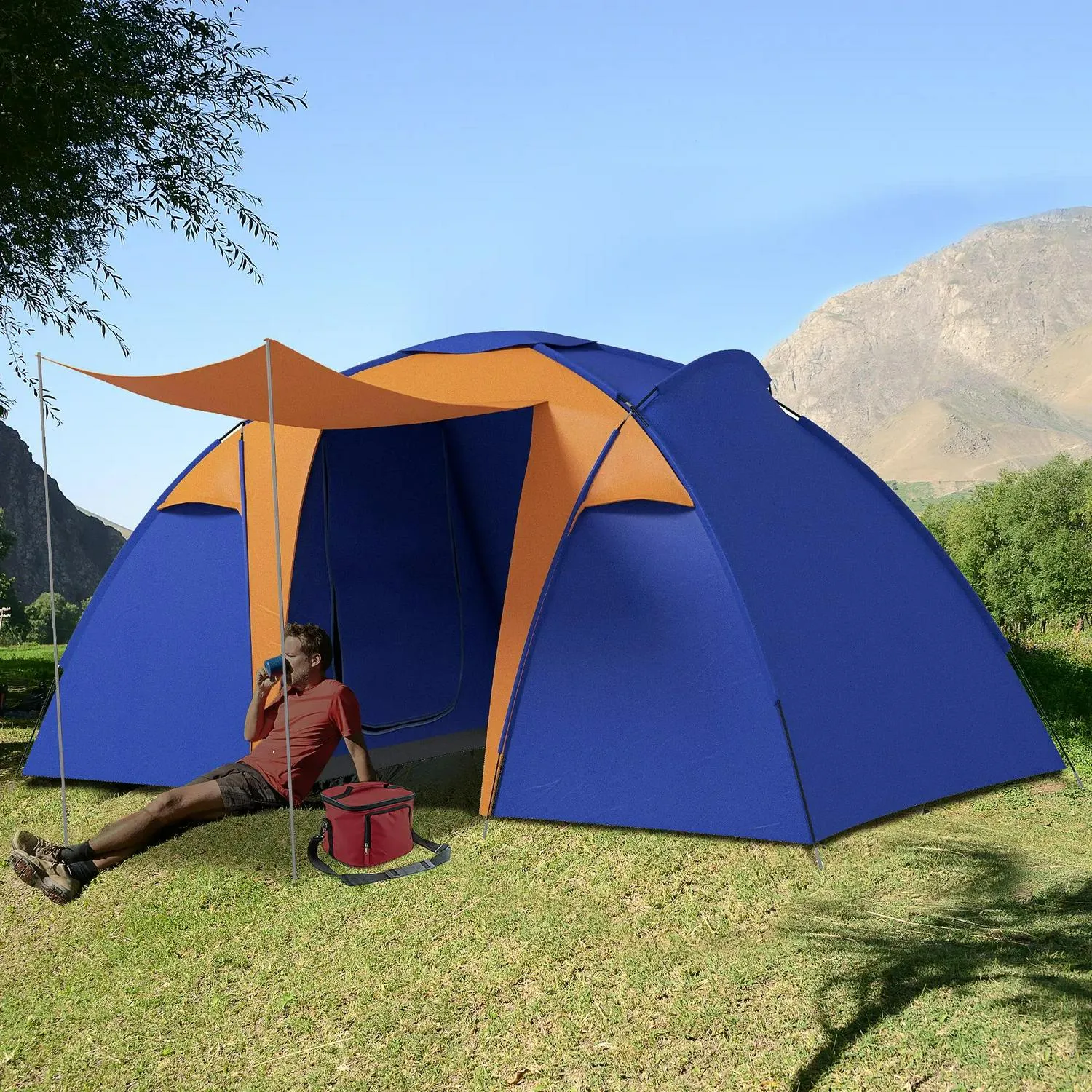 Bedroom, Waterproof, Innovative Area Camping Tunnel Portable Man Best-value Tent 2 Living Porch, 4-6 With Bag 2000mm And Outsunny Large