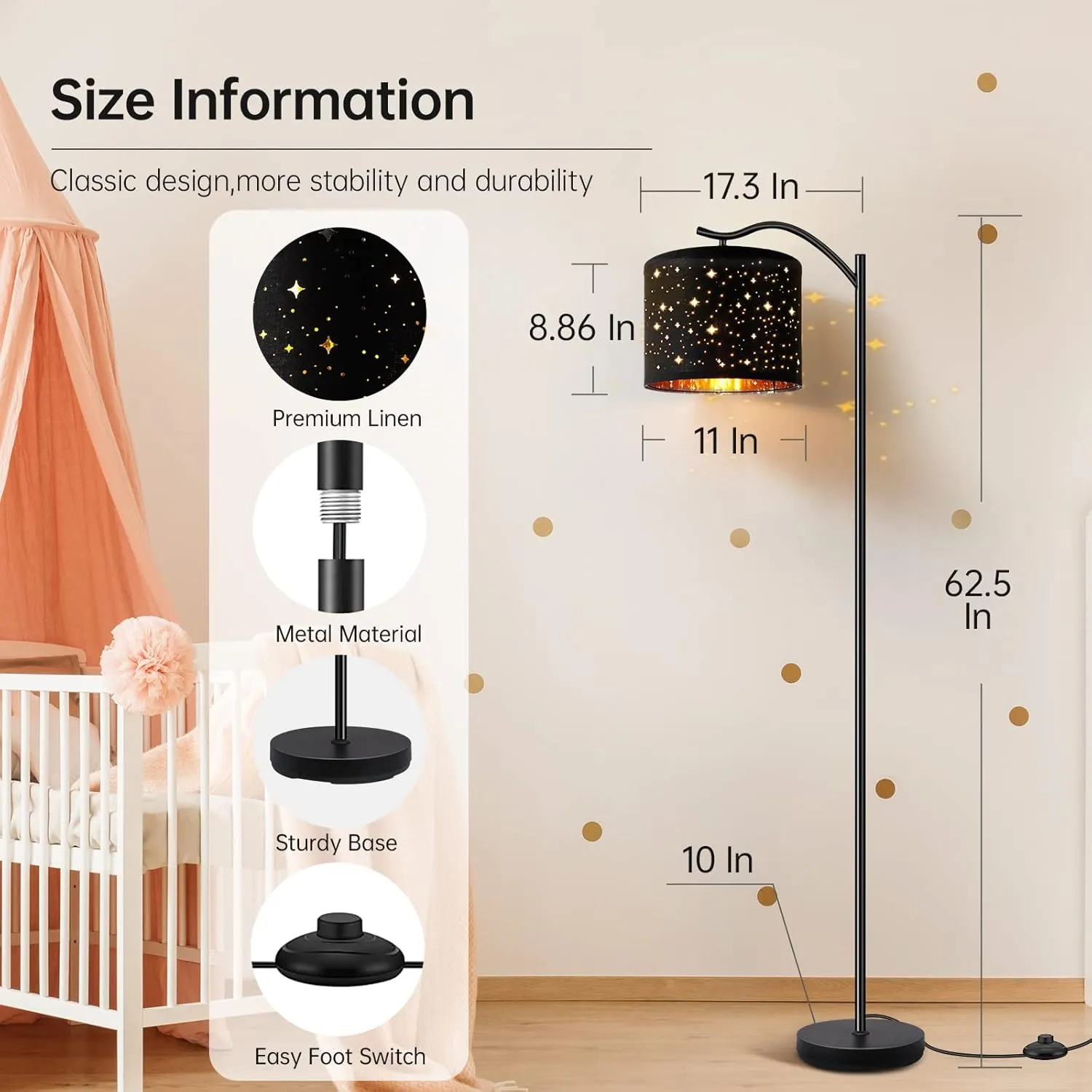 BoostArea Floor Lamp for Living Room,LED Arched Tall Modern Standing Lamp with Bohemian Linen Shade, E26 Socket, Footswitch,Black Mid Century Floor Lamp for Bedrooms,Office,Star Shade