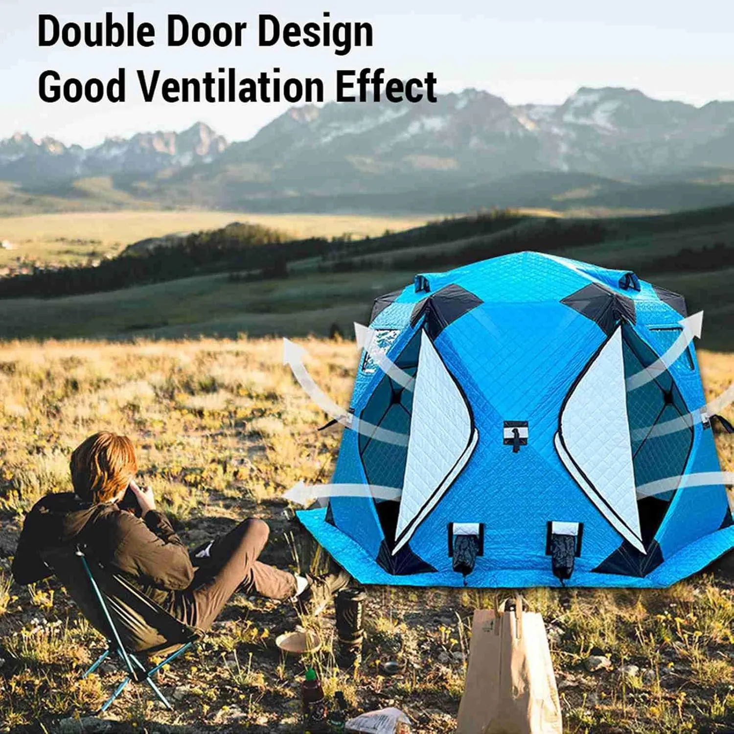 Brrnoo Winter Fishing Tent, Quick Set Up Outdoor Camping Ice Fishing Tent, Double Door Design Ice Fishing Shelter, Convenient Firewood Heater Port