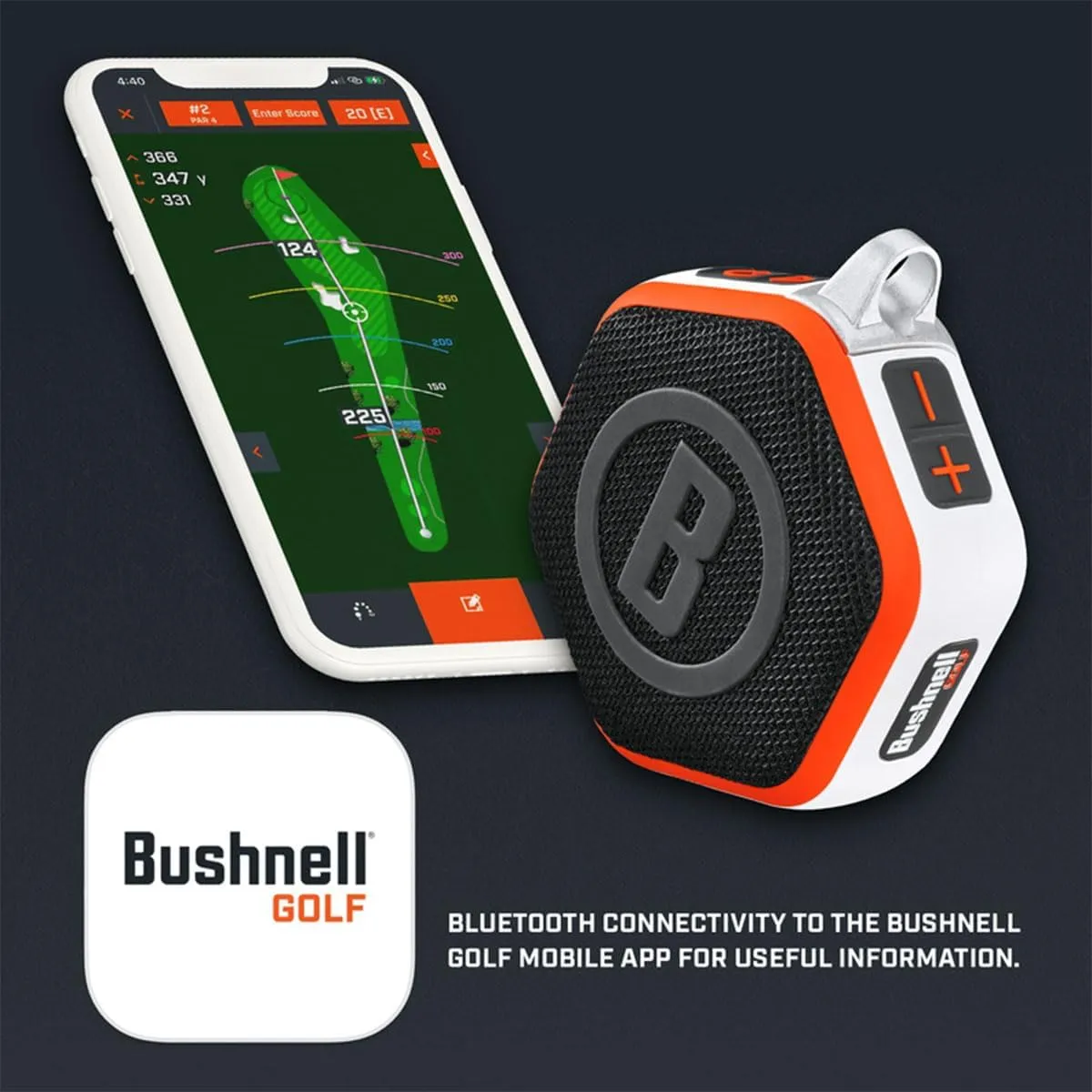Bushnell Golf Wingman Mini GPS Speaker (Orange/White) | Magnetic Mount, Music & Audible Distances for 38,000  Courses, Carabiner Clip, Waterproof, 36-Hole Battery, with Signature Series Golf Towel