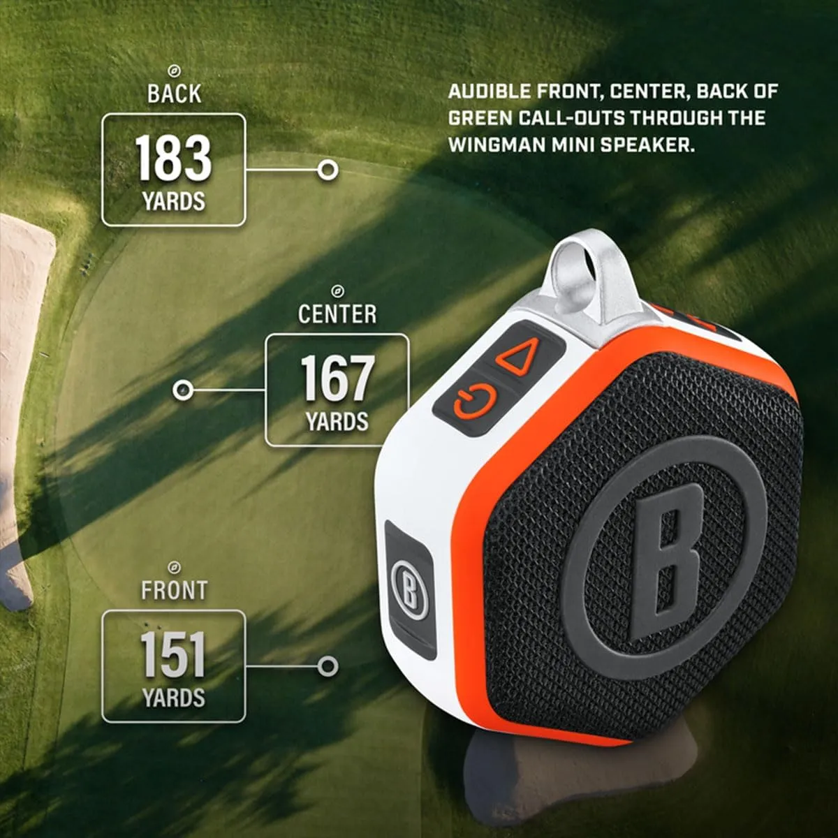 Bushnell Golf Wingman Mini GPS Speaker (Orange/White) | Magnetic Mount, Music & Audible Distances for 38,000  Courses, Carabiner Clip, Waterproof, 36-Hole Battery, with Signature Series Golf Towel