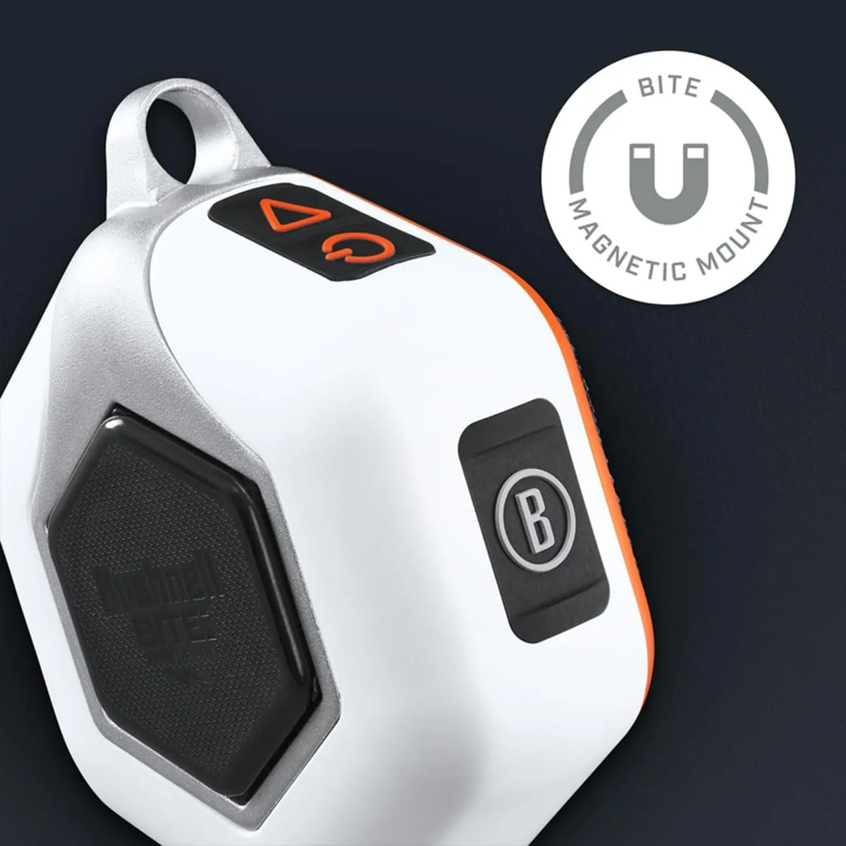 Bushnell Golf Wingman Mini GPS Speaker (Orange/White) | Magnetic Mount, Music & Audible Distances for 38,000  Courses, Carabiner Clip, Waterproof, 36-Hole Battery, with Signature Series Golf Towel