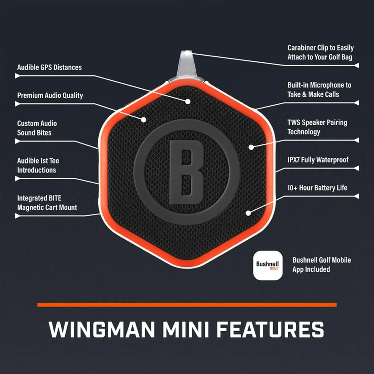 Bushnell Golf Wingman Mini GPS Speaker (Orange/White) | Magnetic Mount, Music & Audible Distances for 38,000  Courses, Carabiner Clip, Waterproof, 36-Hole Battery, with Signature Series Golf Towel