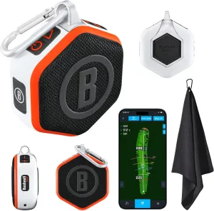 Bushnell Golf Wingman Mini GPS Speaker (Orange/White) | Magnetic Mount, Music & Audible Distances for 38,000  Courses, Carabiner Clip, Waterproof, 36-Hole Battery, with Signature Series Golf Towel