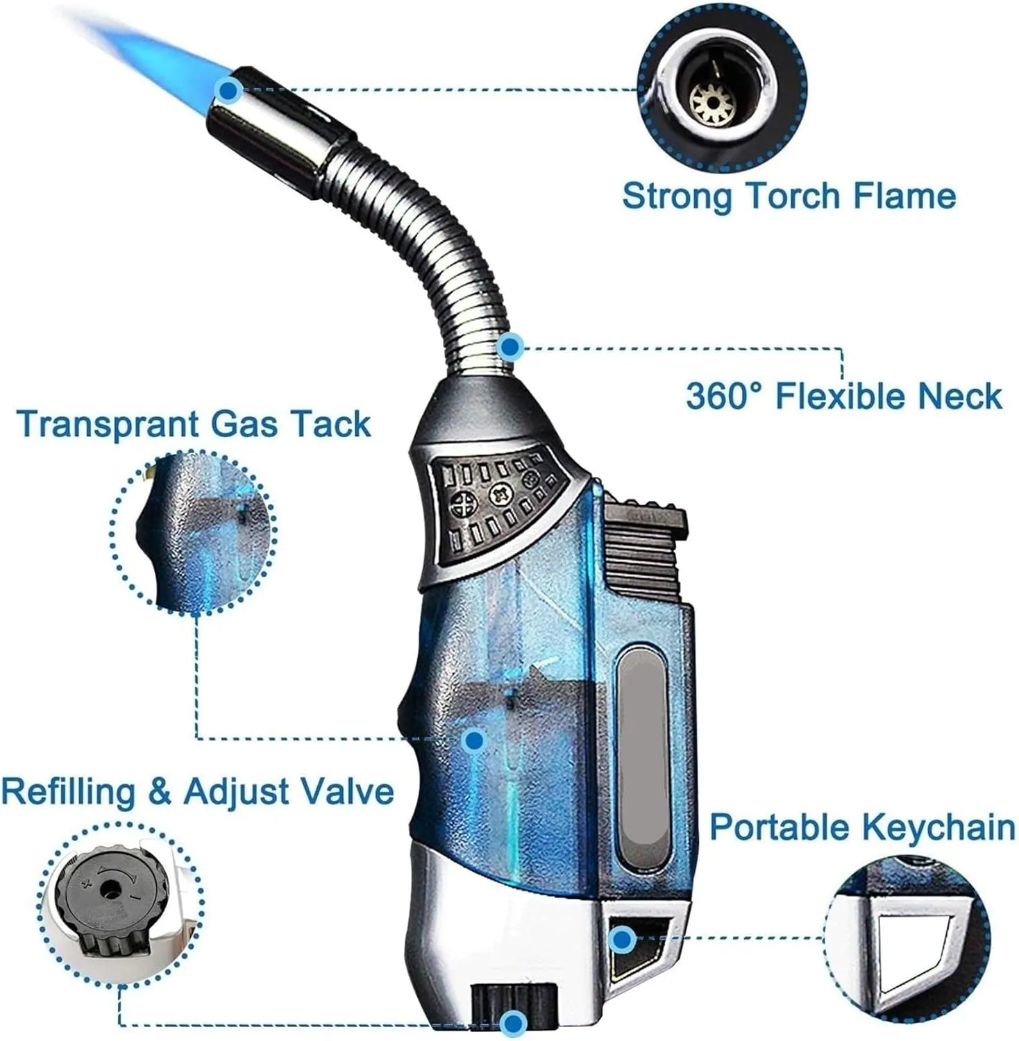 Butane Lighter 360° Flexible Neck and Visible Window, Metal Torch Lighter,refillable Lighter with Keyhole (Gas not Included)(Clear)