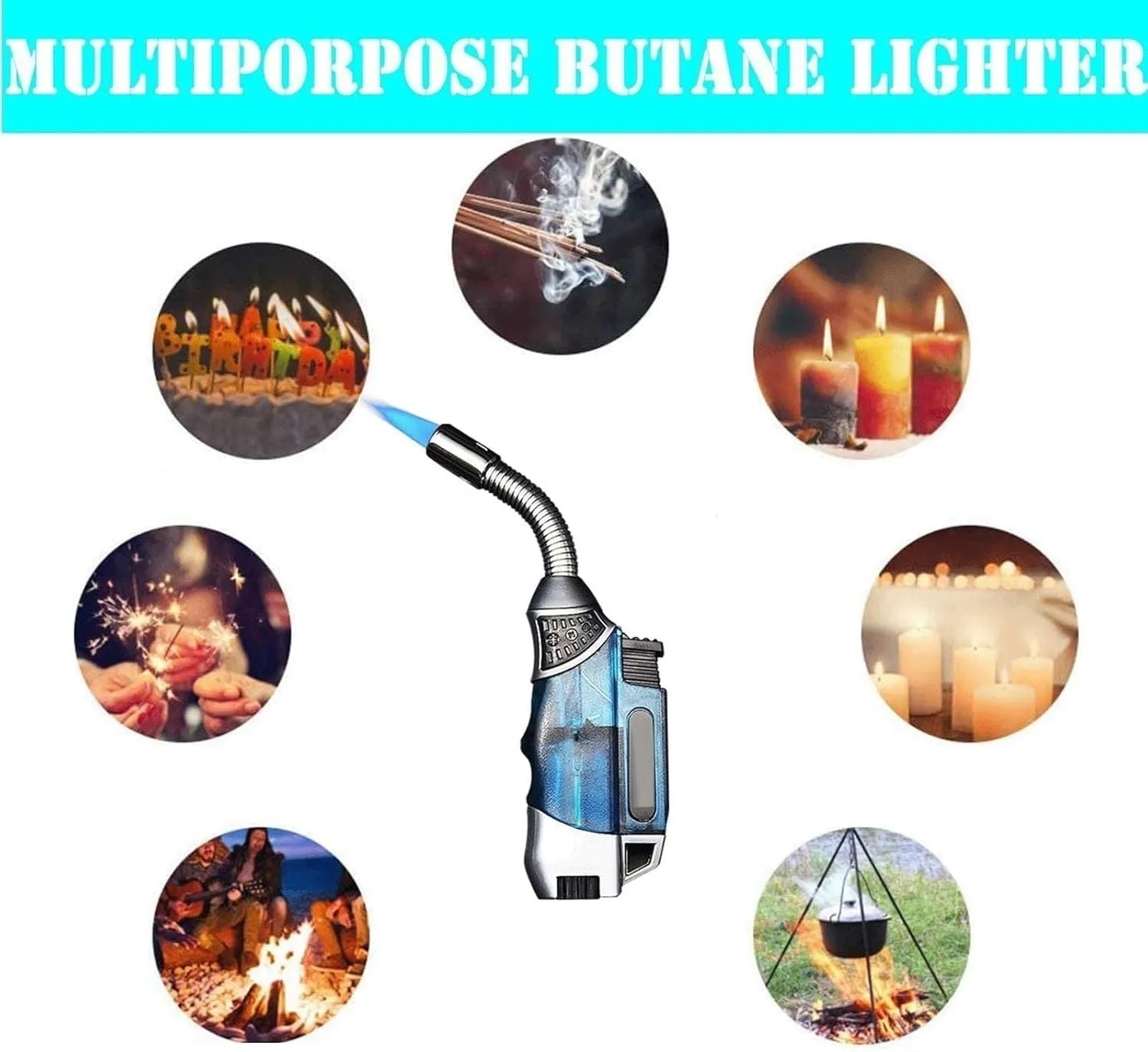 Butane Lighter 360° Flexible Neck and Visible Window, Metal Torch Lighter,refillable Lighter with Keyhole (Gas not Included)(Clear)