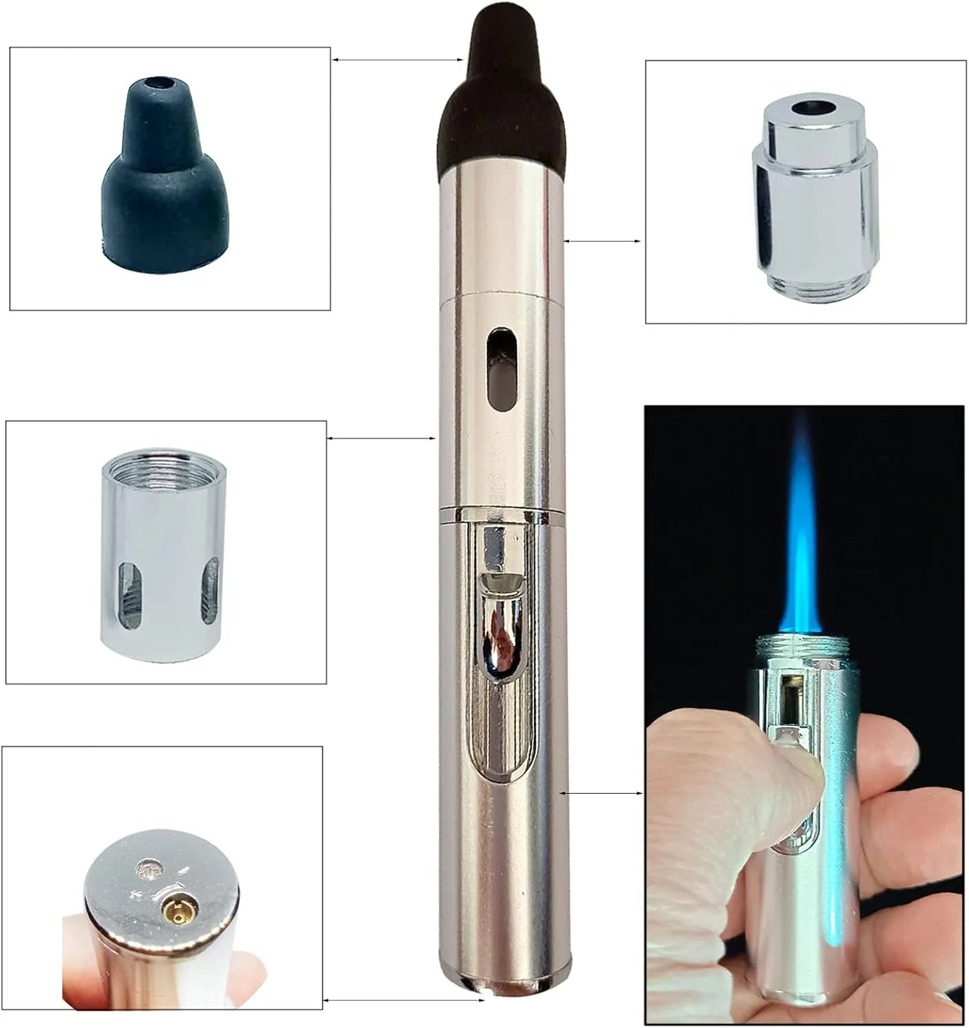 Butane Lighter,Torch Lighters Butane Fuel Refillable Soft Flame Adjustable Pen Torch Lighter,2 Pack Silver(Gas Not Included)