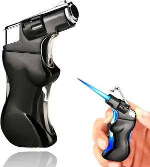 Butane Torch Lighter, Unique Metal Body Design, Cool Lighters, Refillable Butane Fuel Lighter, Creative Gifts for Men (Black)