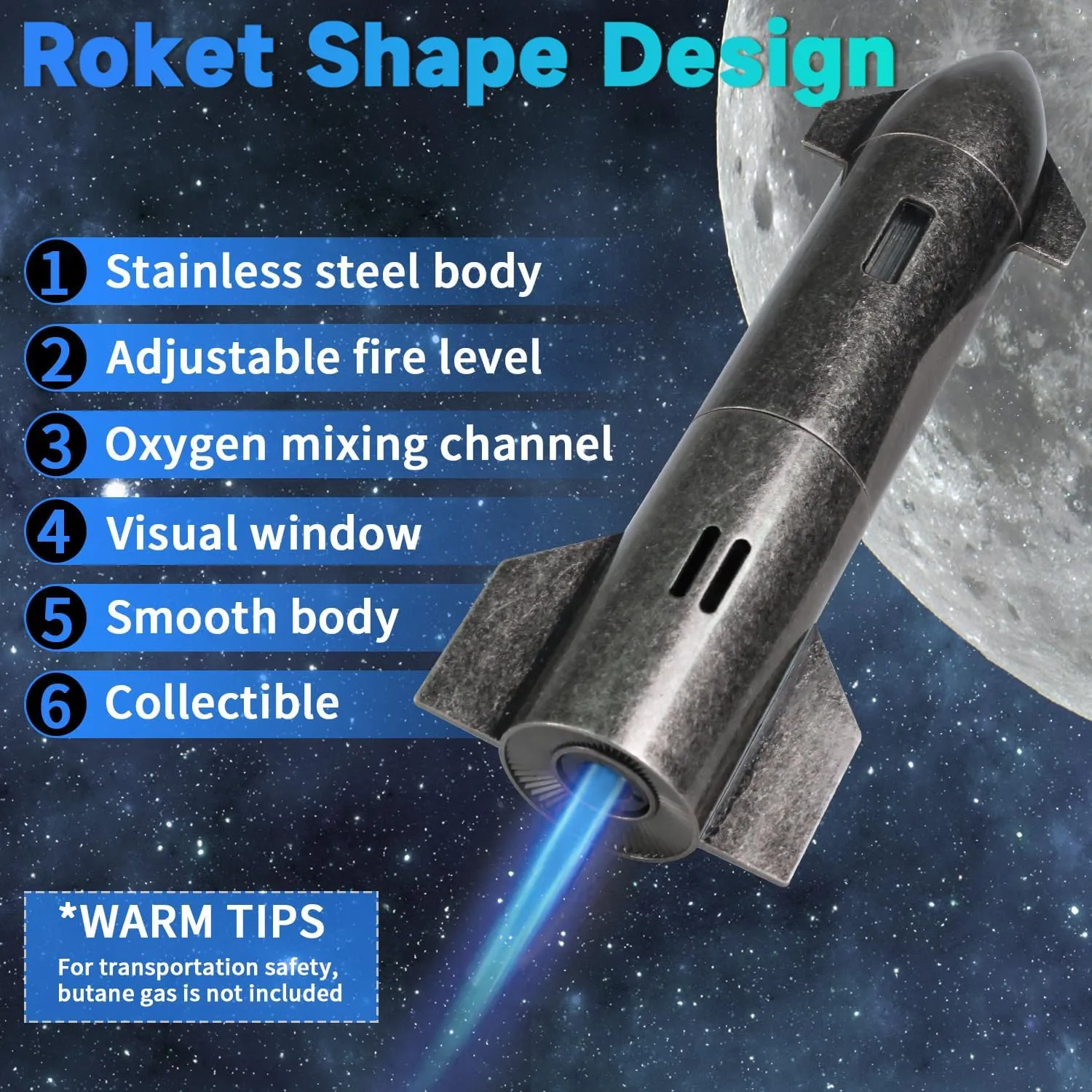 Butane Torch,Cigar Torch Lighter with Adjustable Flame & Visual Window,Rocket Fire Torch Lighter Butane Refillable for Father's Day, Birthday Gifts, BBQ, DIY, Baking, Butane Gas Not Included, Coppery