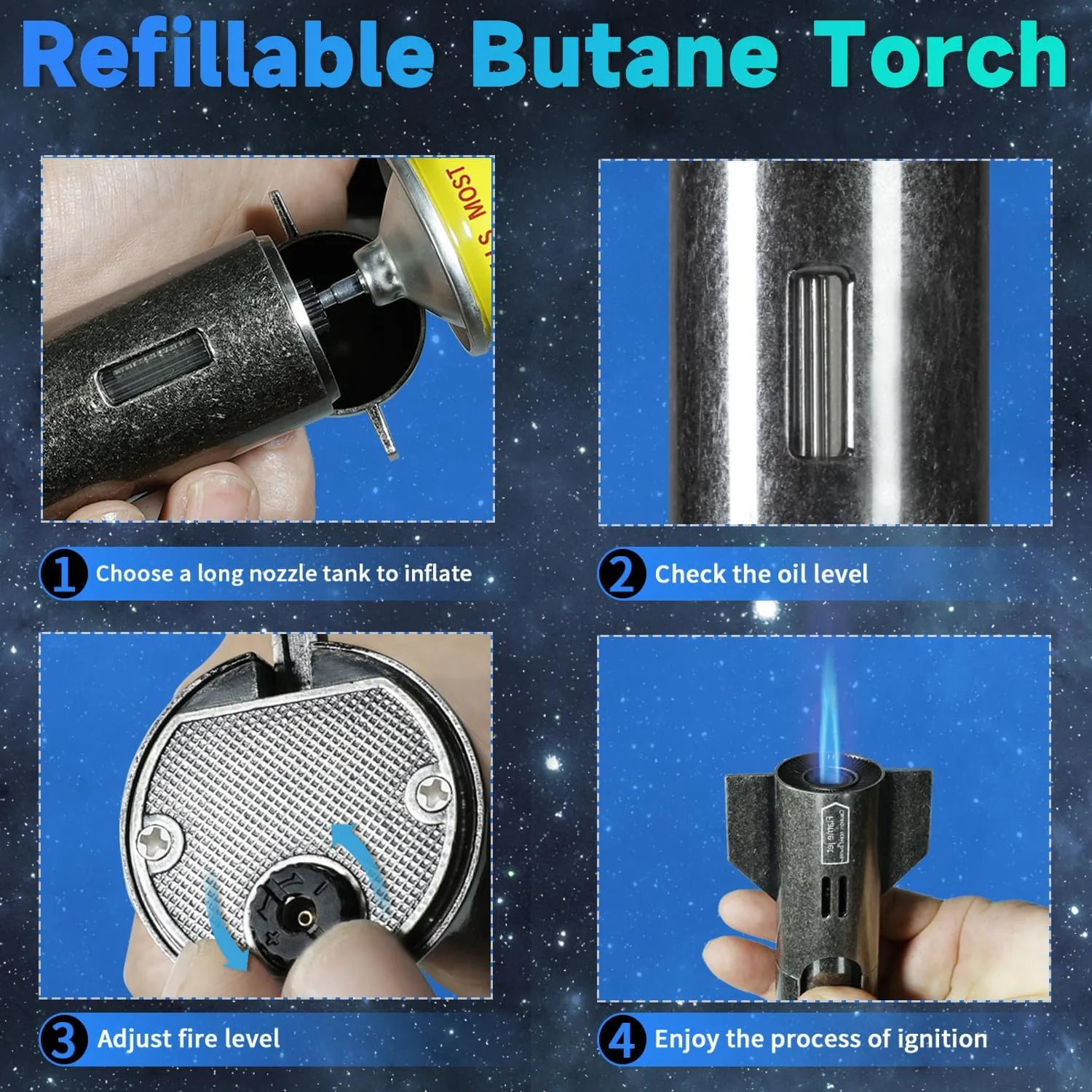 Butane Torch,Cigar Torch Lighter with Adjustable Flame & Visual Window,Rocket Fire Torch Lighter Butane Refillable for Father's Day, Birthday Gifts, BBQ, DIY, Baking, Butane Gas Not Included, Coppery