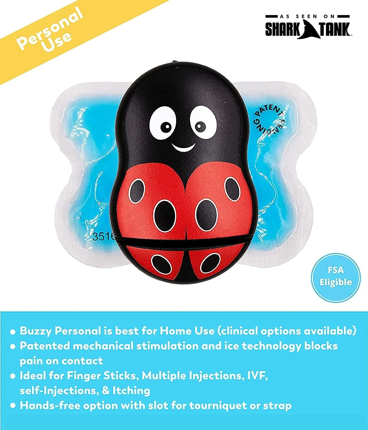 Buzzy - Personal Vibrating Ice Pack - Sharp Pain Relief - As Seen On Shark Tank - Pain Relief for Shots, IVF, Insulin, Vaccines - at Home First Aid - Solution to Reduce Needle Pain & Fear - LadyBuzz
