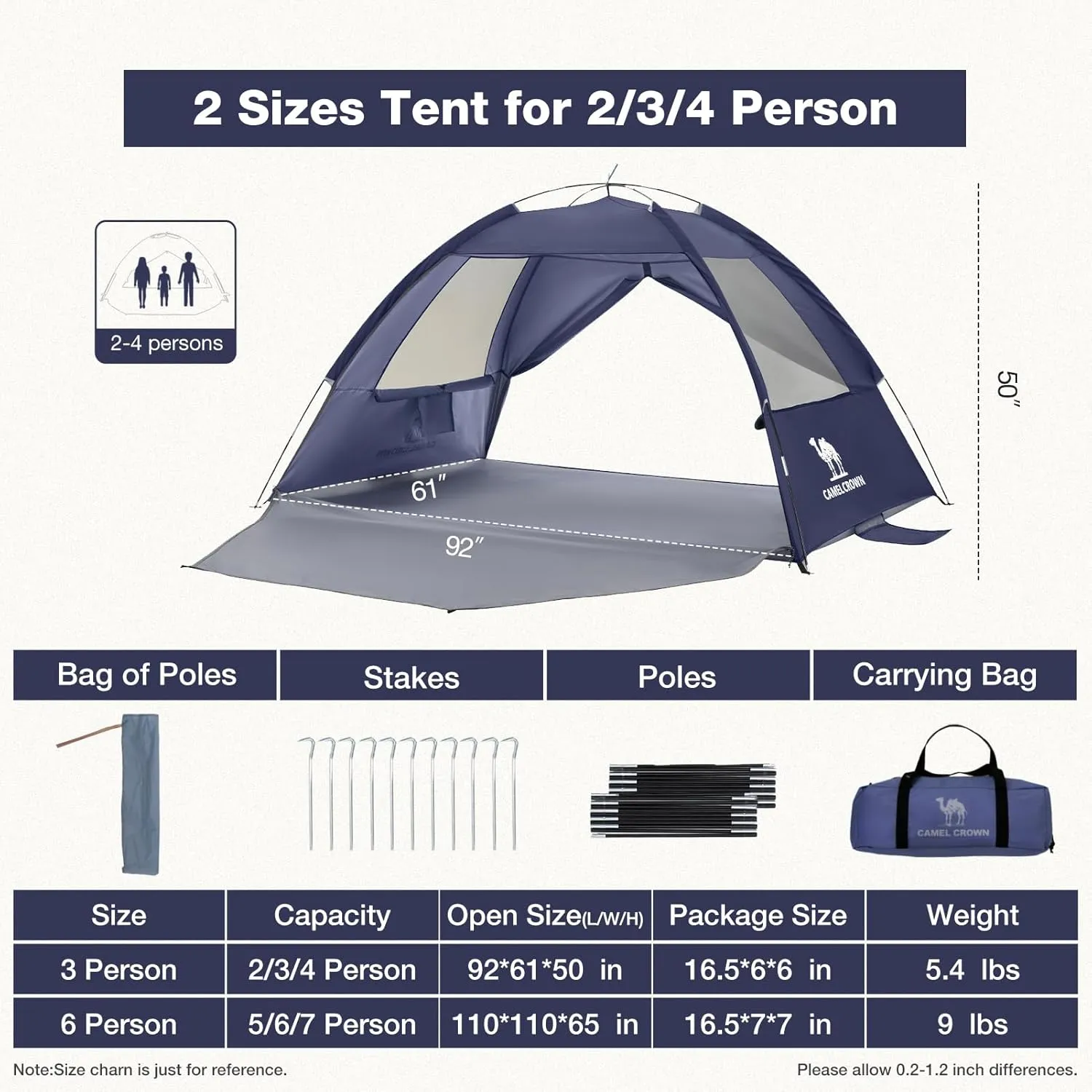 CAMEL CROWN Beach Tent UPF 50  Sun Shelter for 2/3/5/6 Person, Lightweight Portable Sun Shade with Sand Anchor, Family Beach Day & Outdoor Adventures