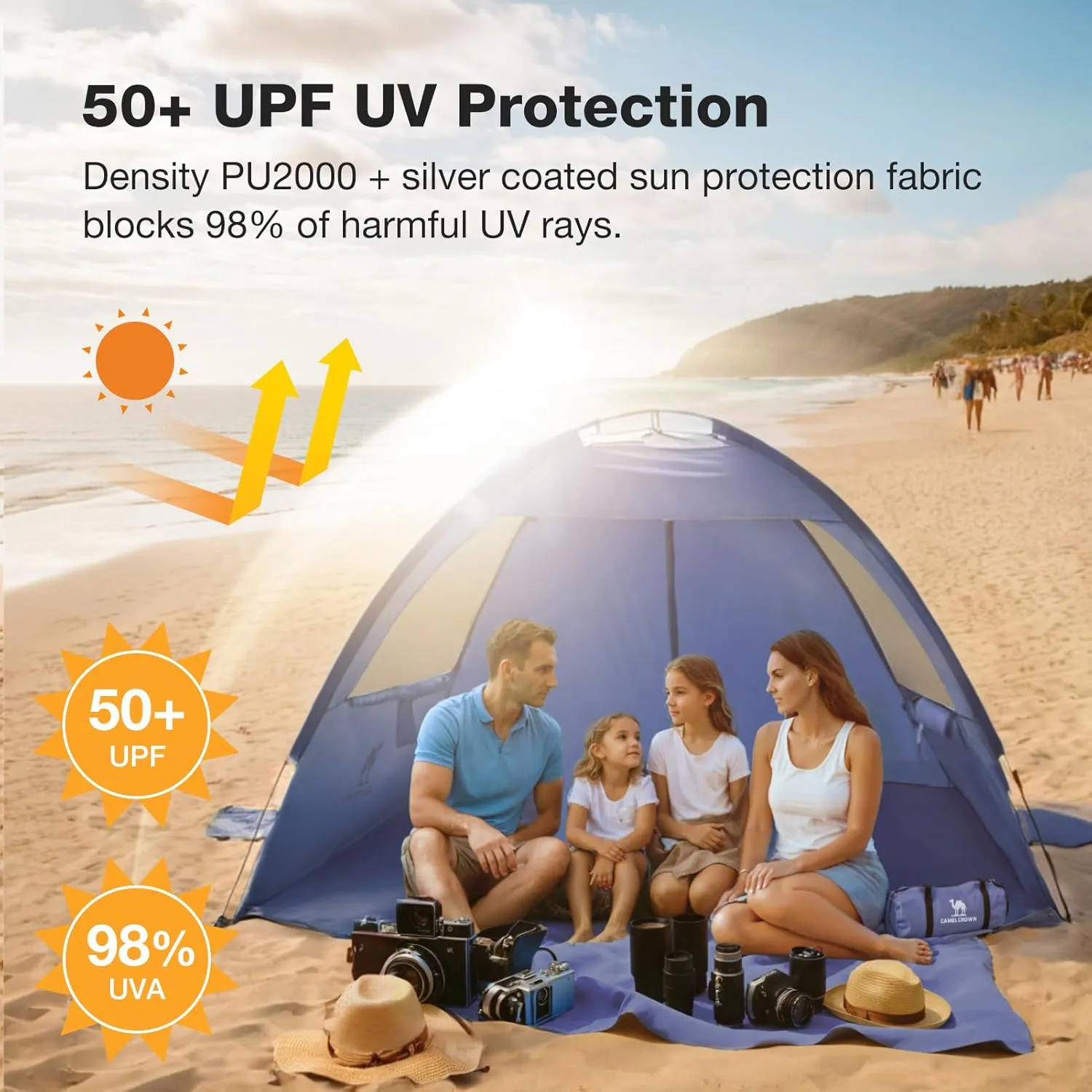 CAMEL CROWN Beach Tent UPF 50  Sun Shelter for 2/3/5/6 Person, Lightweight Portable Sun Shade with Sand Anchor, Family Beach Day & Outdoor Adventures