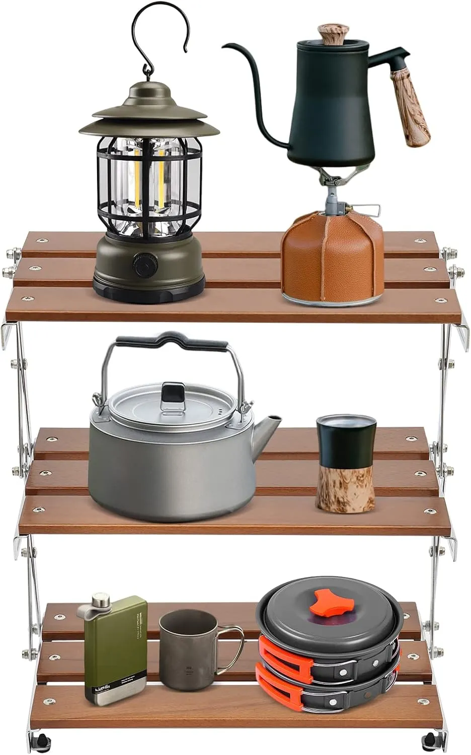 Camping Rack, 3-Tier Camping Folding Storage Rack Organizer with Carry Bag, Retro Rectangular Camping Dish Rack Shelf for Barbecues Camping Hiking Parties Walnut Load 10kg/22.05lbs