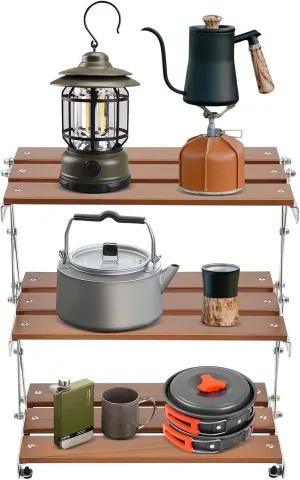 Camping Rack, 3-Tier Camping Folding Storage Rack Organizer with Carry Bag, Retro Rectangular Camping Dish Rack Shelf for Barbecues Camping Hiking Parties Walnut Load 10kg/22.05lbs