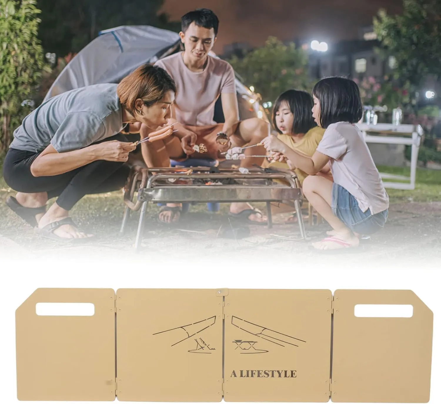 Camping Stove Windscreen, 4 Plates Folding Stove Windscreen with Handle Camping Stove Windshield for Outdoors BBQ (Khaki)