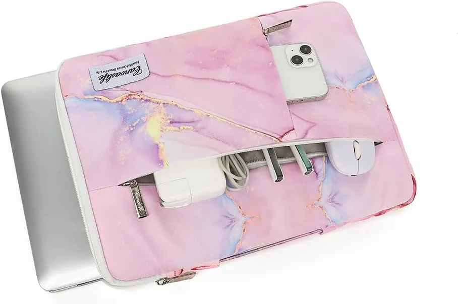 canvaslife 360° protected waterproof laptop sleeve suitcase bag with 3 pockets, laptop bag with handling and luggage strap (Pink marble, 15 inch-15.6 inch)