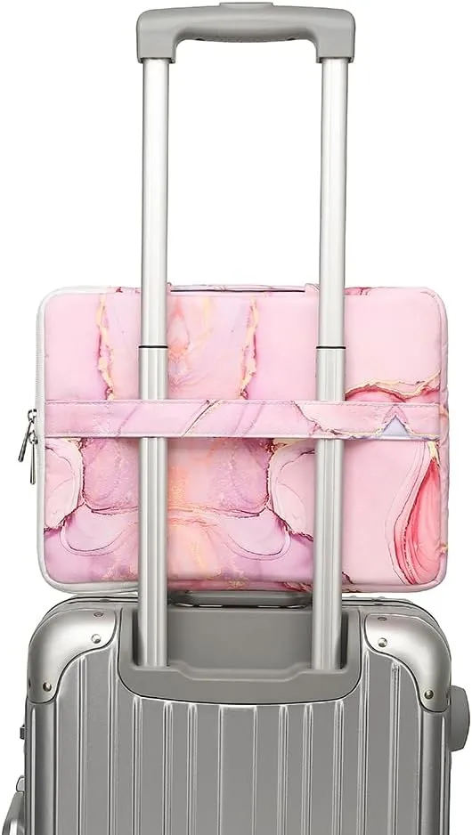 canvaslife 360° protected waterproof laptop sleeve suitcase bag with 3 pockets, laptop bag with handling and luggage strap (Pink marble, 15 inch-15.6 inch)