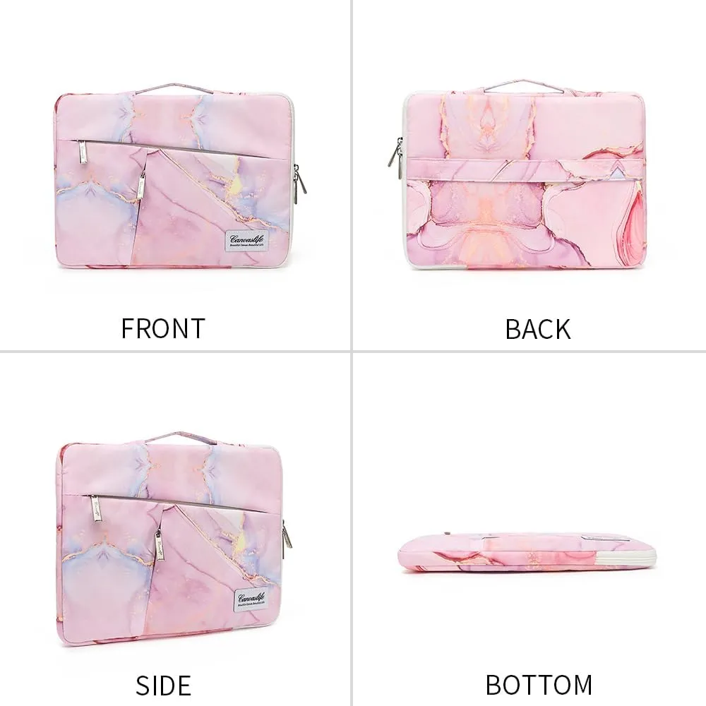 canvaslife 360° protected waterproof laptop sleeve suitcase bag with 3 pockets, laptop bag with handling and luggage strap (Pink marble, 15 inch-15.6 inch)