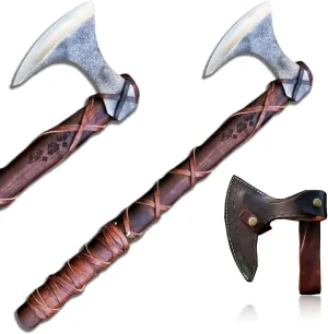 Carbon Steel Viking Axe, Engraved Rosewood Handle with Leather Wrapping, Viking Bearded Axe, Ragnar Lothbrok Replica Axe