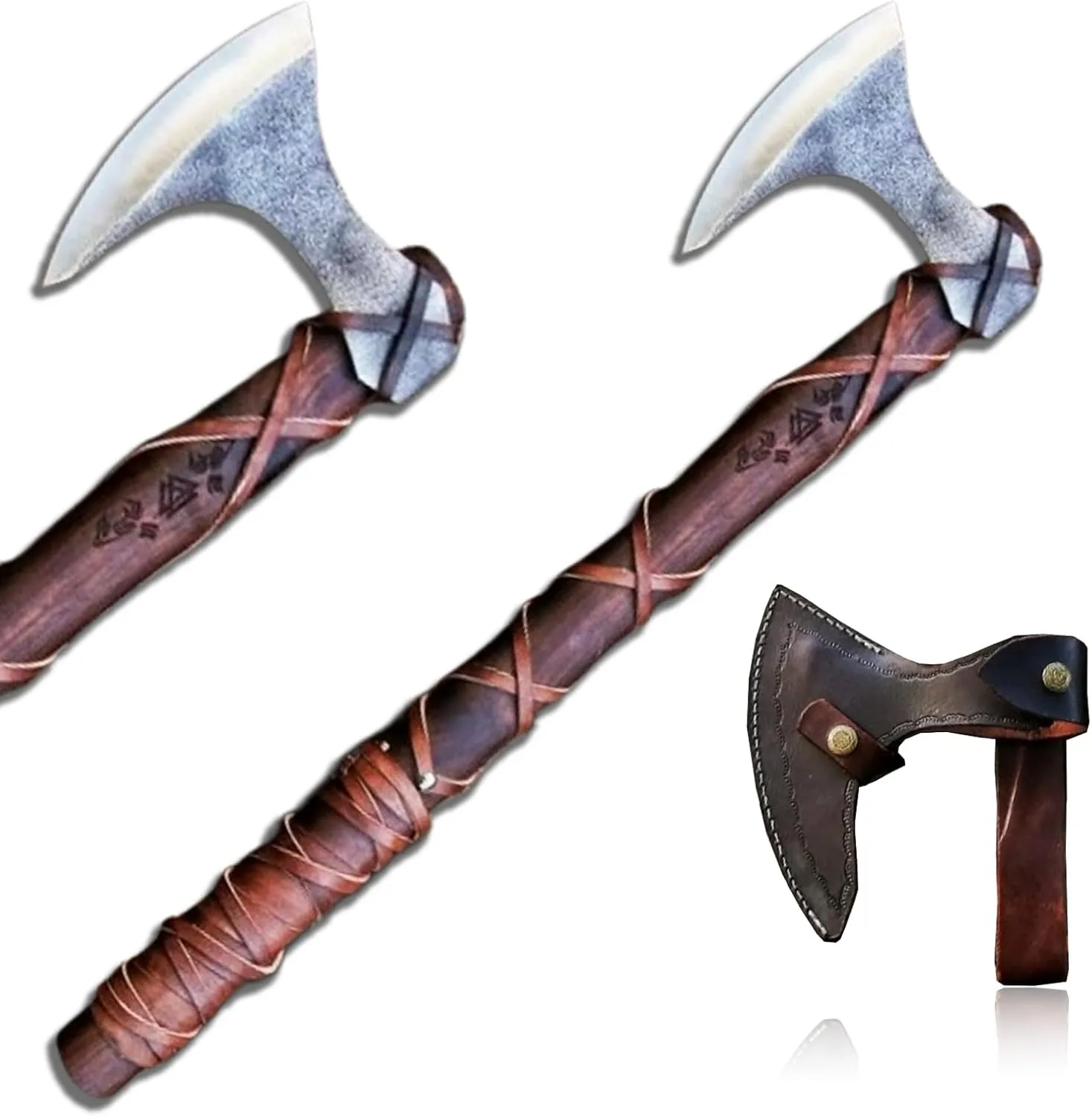 Carbon Steel Viking Axe, Engraved Rosewood Handle with Leather Wrapping, Viking Bearded Axe, Ragnar Lothbrok Replica Axe