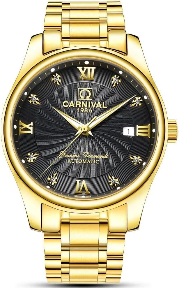 Carnival Men's Automatic Mechanical Business Watch Analog Luminous Calendar Stainless Steel Band (All Gold Black)