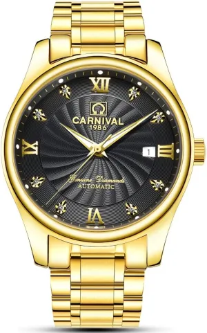 Carnival Men's Automatic Mechanical Business Watch Analog Luminous Calendar Stainless Steel Band (All Gold Black)