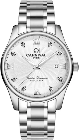Carnival Men's Automatic Mechanical Business Watch Analog Luminous Calendar Stainless Steel Band (White)