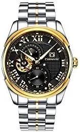 Carnival Men's Automatic Mechanical Watch Retro Roman Applique Analog Luminous Stainless Stell Band (Gold White)